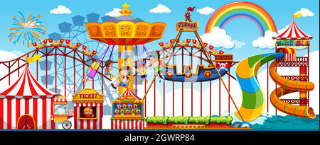 Amusement park scene at daytime with rainbow in the sky Stock Vector ...
