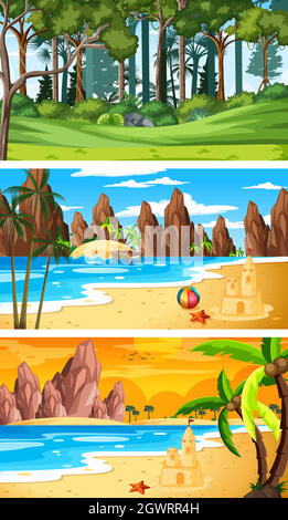 Three different nature horizontal scenes Stock Vector