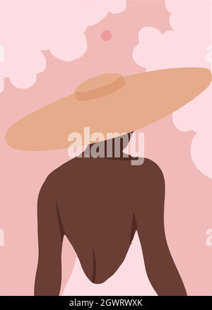 Beautiful  woman in the yellow hat with a wide brim. Black strong girl on pink background,  back view. Vector illustration Stock Vector