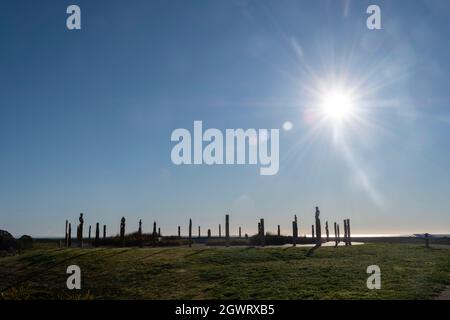 Carved, Maori figures at 'Atea a Rangi' star compass, Waitangi Regional Park, Awatoto, Clive, Hawkes Bay, North Island, New Zealand Stock Photo