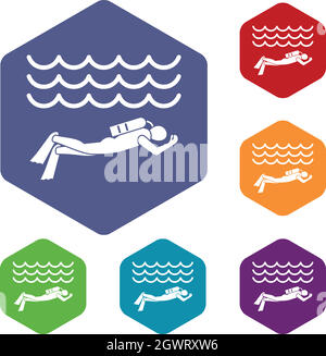 Scuba diver man in diving suit icons set Stock Vector
