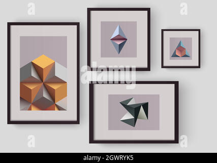 Realistic Illustration of gallery. Elegant Frames on the wall, three dimensional complex shape. Abstract Poster Design Template Geometric Shapes. Vector template for picture, poster or photo gallery. Stock Vector