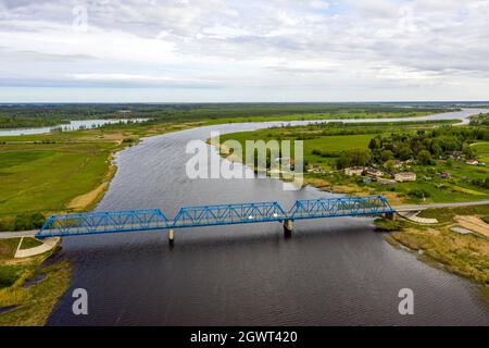 Aerial Panoramic View From Above To The Bridge Over The River Lielupe Near Kalnciems, Latvia