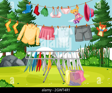 Clothes hanging on line in the yard Stock Vector