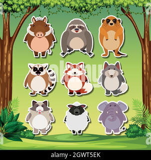 Set of exotic animal sticker Stock Vector