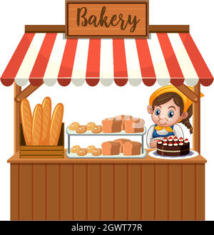 Front of bakery shop with baker isolated on white background Stock Vector