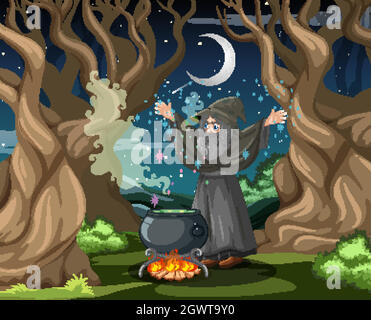 https://l450v.alamy.com/450v/2gwt9y0/wizard-with-black-magic-pot-cartoon-style-on-dark-forest-background-2gwt9y0.jpg