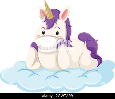 Cute unicorn laying on the cloud on white background illustration Stock ...