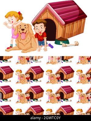 Seamless background design with kids and dog