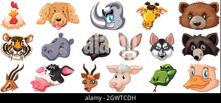Set of different cute cartoon animals head huge isolated on white background Stock Vector