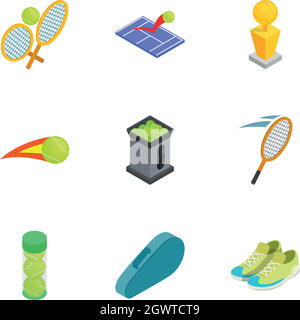 Tennis attributes icons set, isometric 3d style Stock Vector