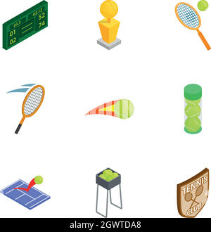 Tennis elements icons set, isometric 3d style Stock Vector