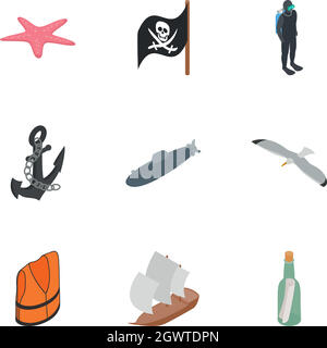 Nautical icons set, isometric 3d style Stock Vector