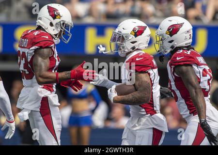 Inglewood, United States. 03rd Oct, 2021. Arizona Cardinals' cornerback Byron Murphy (7) gets congratulated by teammates after his interception during the first half of the game between the Los Angeles Rams and the Arizona Cardinal at SoFi Stadium in Inglewood, California on Sunday, October 3, 2021.The Arizona Cardinals beat the Los Angeles Rams 37-20. Photo by Michael Goulding/UPI Credit: UPI/Alamy Live News Stock Photo