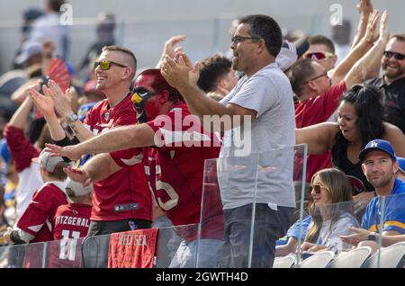 Inglewood, United States. 03rd Oct, 2021. Arizona Cardinals' fans celebrate a missed field goal by Los Angeles Rams' kicker Matt Gay (8) during the second half of the game between the Los Angeles Rams and the Arizona Cardinal at SoFi Stadium in Inglewood, California on Sunday, October 3, 2021.The Arizona Cardinals beat the Los Angeles Rams 37-20. Photo by Michael Goulding/UPI Credit: UPI/Alamy Live News Stock Photo