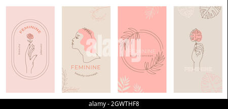 Linear abstract feminine logo emblems vector set Stock Vector