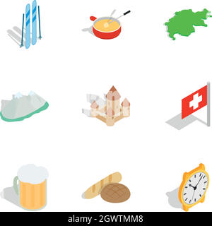 Switzerland cultural elements icons set Stock Vector