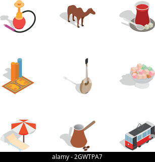 Symbols of Turkey icons set, isometric 3d style Stock Vector
