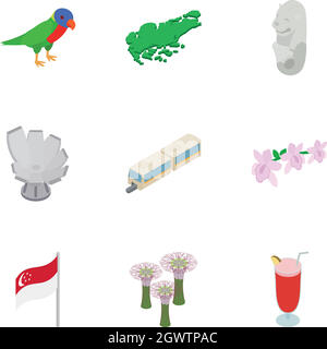 Singapore icons set, isometric 3d style Stock Vector