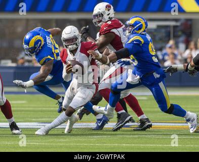 Inglewood, United States. 03rd Oct, 2021. Arizona Cardinals' quarterback Kyler Murray (1) temporarily escapes the rush but eventually was sacked during the second half of the game between the Los Angeles Rams and the Arizona Cardinal at SoFi Stadium in Inglewood, California on Sunday, October 3, 2021.The Arizona Cardinals beat the Los Angeles Rams 37-20. Photo by Michael Goulding/UPI Credit: UPI/Alamy Live News Stock Photo