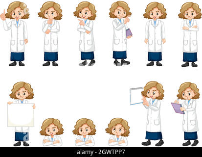 Set of girl in lab gown doing different acts Stock Vector