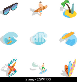 Summer boarding on waves icons set Stock Vector