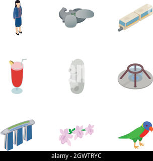 Travel to Singapore icons set, isometric 3d style Stock Vector
