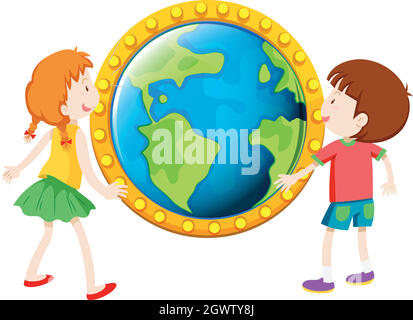 Boy and girl looking at globe Stock Vector