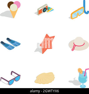 Beach elements icons, isometric 3d style Stock Vector