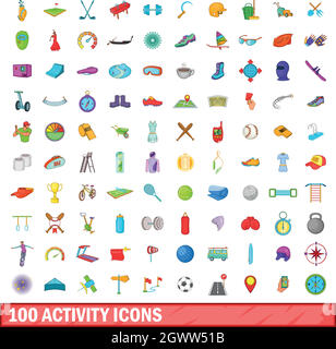 100 activity icons set, cartoon style Stock Vector