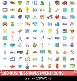 100 business investment icons set, cartoon style Stock Vector