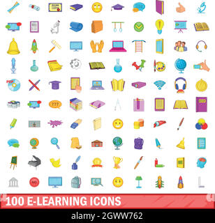 100 e-learning icons set, cartoon style Stock Vector