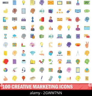 100 creative marketing icons set, cartoon style Stock Vector