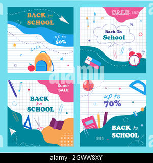 Back to school banner template set for social media, web, print. Sale flyers set with a modern abstract, notebook paper background and school items vector illustration. Stock Vector