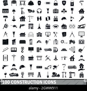 100 construction icons set in simple style Stock Vector