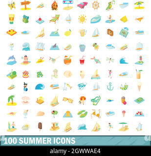 100 summer icons set, cartoon style Stock Vector