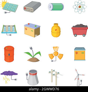 Energy sources items icons set, cartoon style Stock Vector