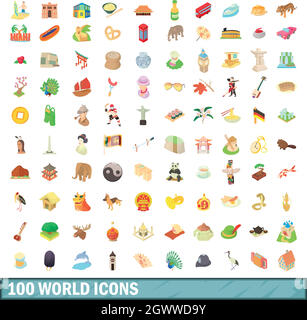 100 world icons set, cartoon style Stock Vector