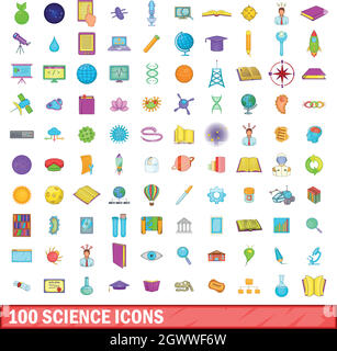 100 science icons set, cartoon style Stock Vector