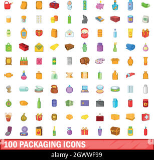 100 packaging icons set, cartoon style Stock Vector