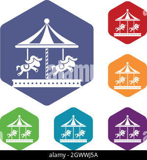 Merry go round horse ride icons set Stock Vector