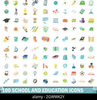 100 school and education icons set, cartoon style Stock Vector