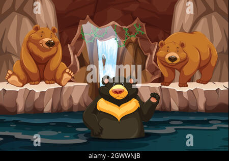 Wild bears in underground cavern with water Stock Vector