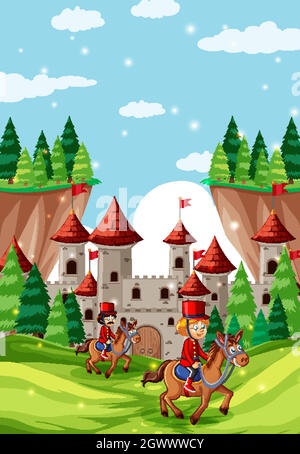 Fairytale scene with castle and soldier royal guard scene Stock Vector