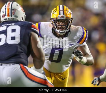 Baton Rouge, LA, USA. 2nd Oct, 2021. LSU defensive lineman Maason Smith (0) tries to get around Auburn's Keiondre Jones (58) during NCAA football game action between the Auburn Tigers and the LSU Tigers at Tiger Stadium in Baton Rouge, LA. Jonathan Mailhes/CSM/Alamy Live News Stock Photo