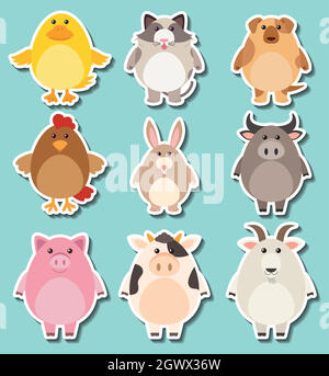 Sticker design for cute farm animals Stock Vector