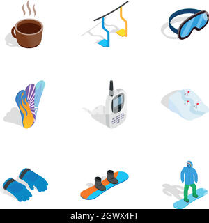 Snowboard equipment icons set, isometric 3d style Stock Vector