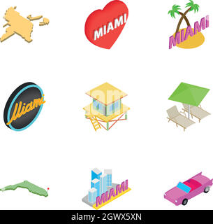 Miami icons set, isometric 3d style Stock Vector