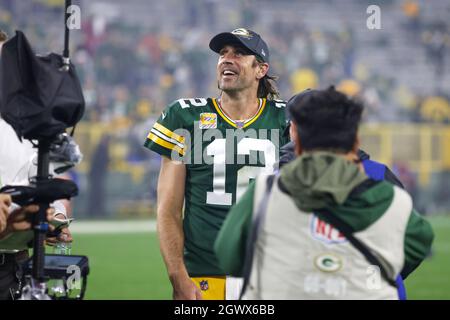 October 03, 2021: Green Bay Packers quarterback Aaron Rodgers (12) debates  a tripping call against Pittsburgh Steelers linebacker T.J. Watt (90)  during the NFL football game between the Pittsburgh Steelers and the