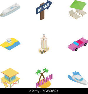 Miami Beach, Florida icons set, isometric 3d style Stock Vector